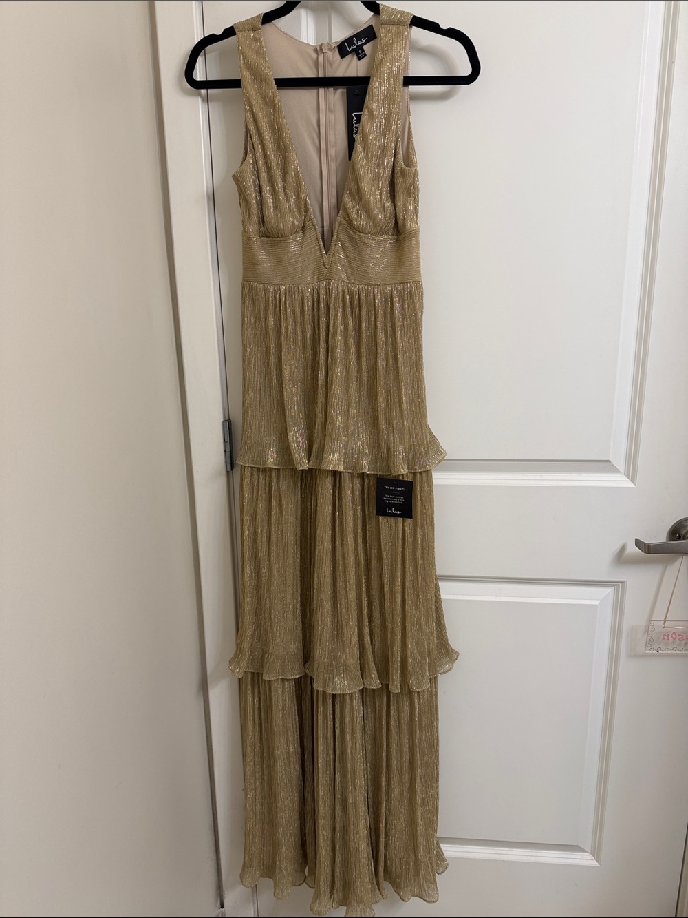 Lulu's Metallic Gold Tiered V-Neck Maxi Dress